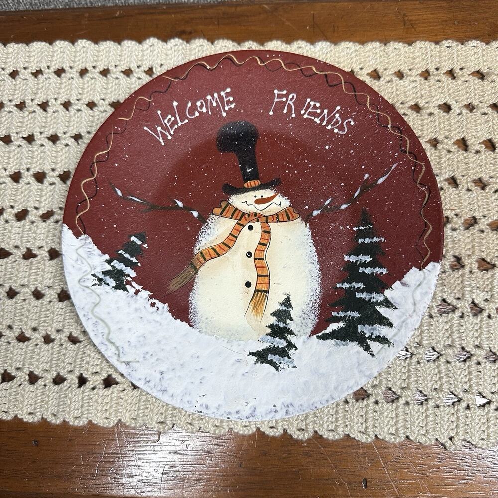 Primitive Country Style Hand Painted Wooden Snowman Plate Christmas Welcome